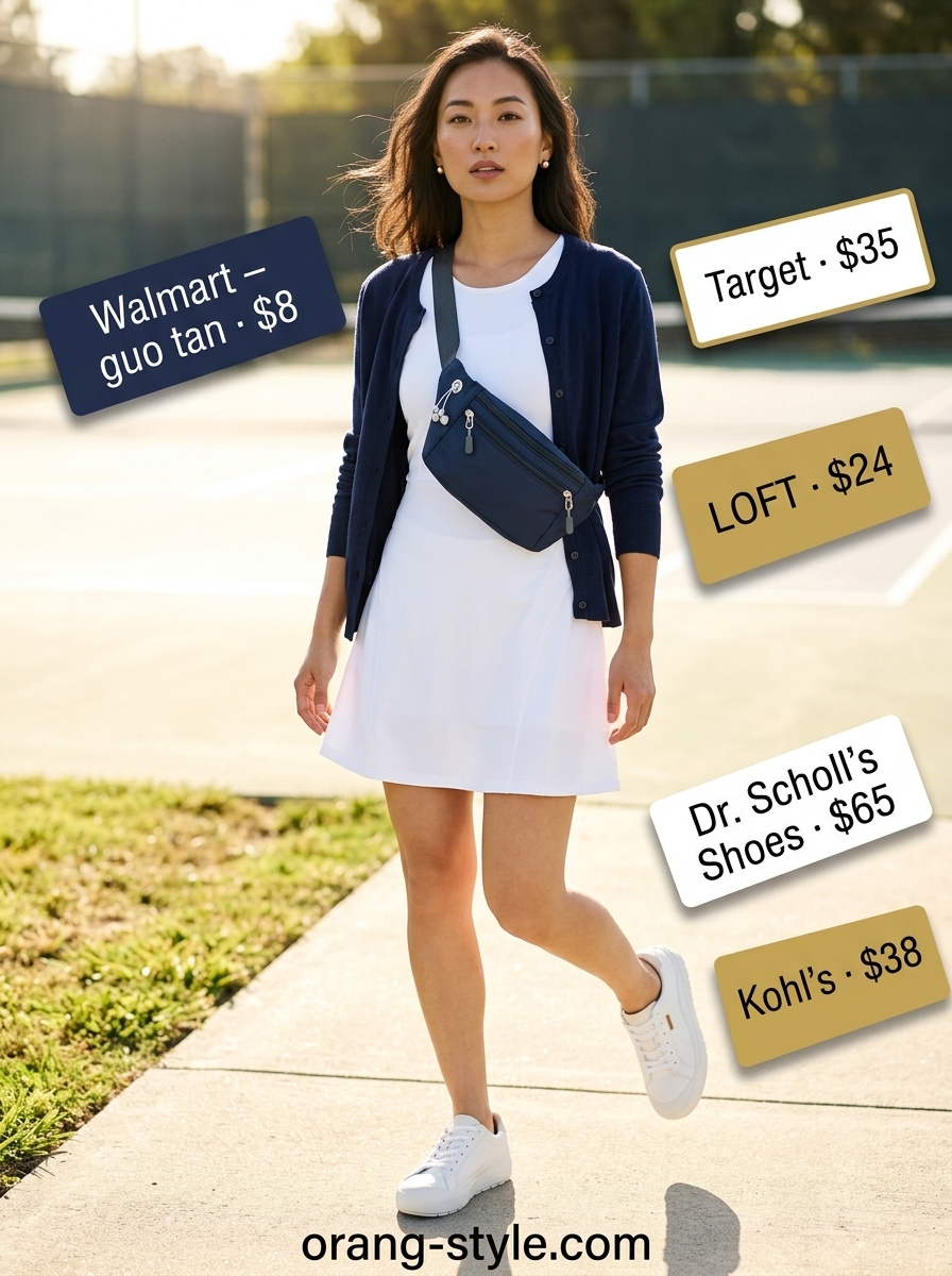 Trendy summer activewear for women 2026: White tennis dress, navy cardigan, and white sneakers for a sporty day.