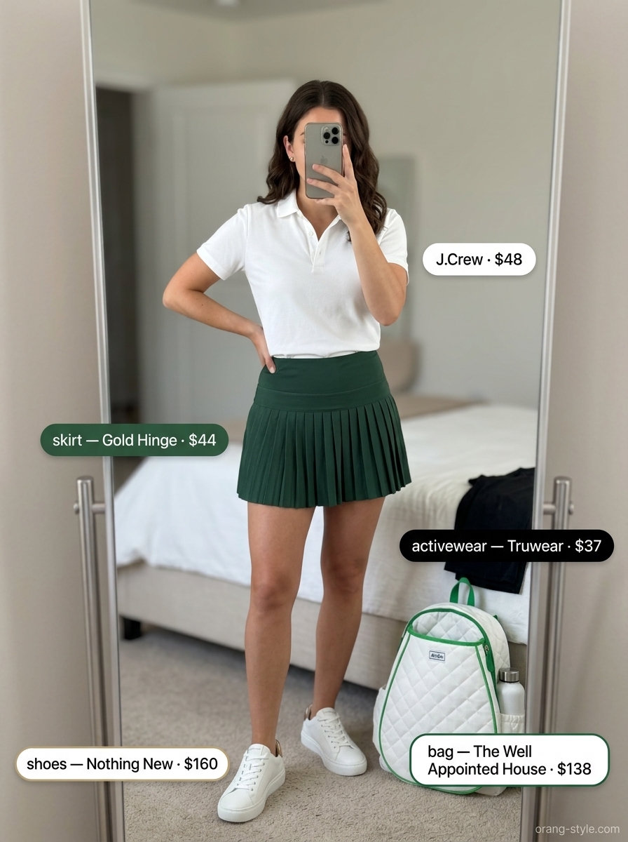 Trendy summer activewear for women 2026: Forest green tennis skirt with white polo for sporty chic.