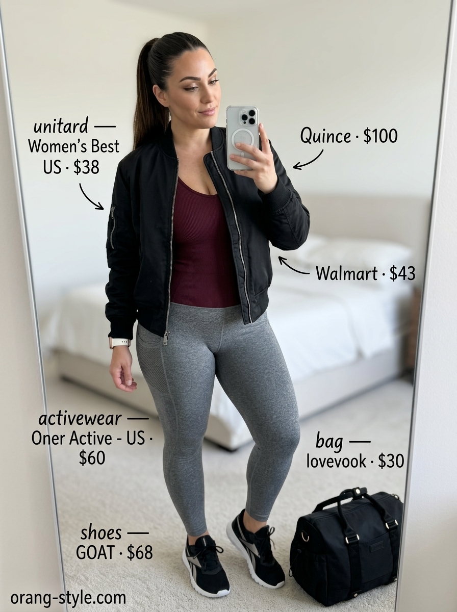 Trendy summer activewear for women 2026: Burgundy unitard, black bomber jacket, and rose gold watch for gym.
