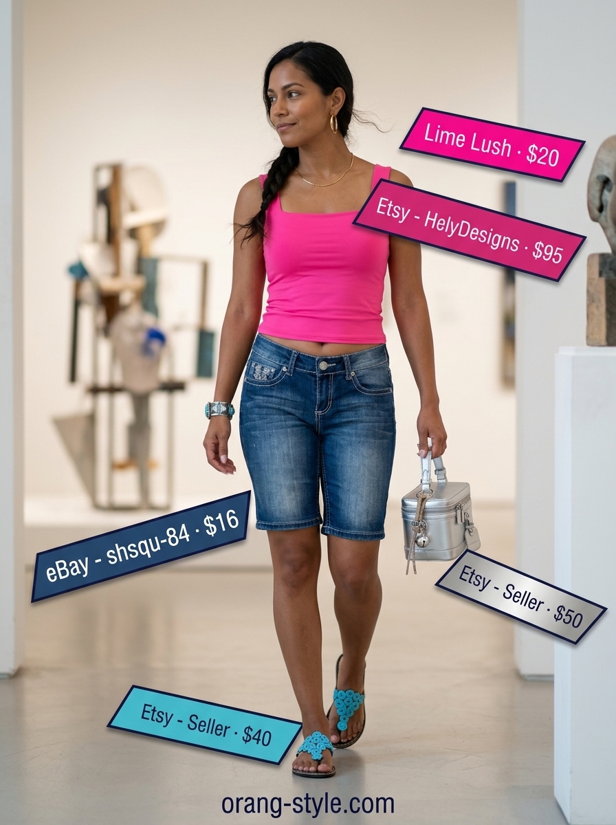 Artsy Gallery Hop Outfits for Women 2026 Artsy gallery hop outfit with embroidered indigo shorts, knit top, embellished sandals, and statement cuff for women 2026.