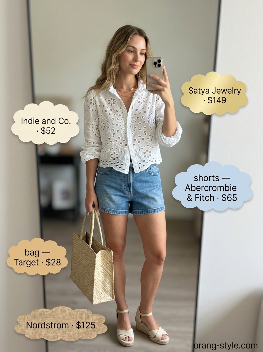 Trendy Summer Denim Shorts for Women 2026: Beachy Brunch Outfit Trendy summer denim shorts for women 2026: Light wash distressed shorts with white eyelet crop top, straw tote, and espadrilles.