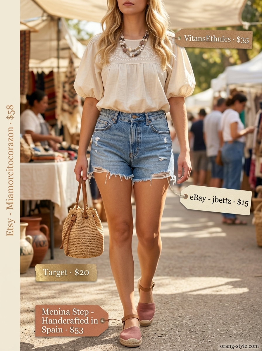 Boho Festival Outfits for Women 2026 Bohemian festival outfit with distressed denim shorts, embroidered peasant blouse, straw bag, and espadrilles for women 2026.