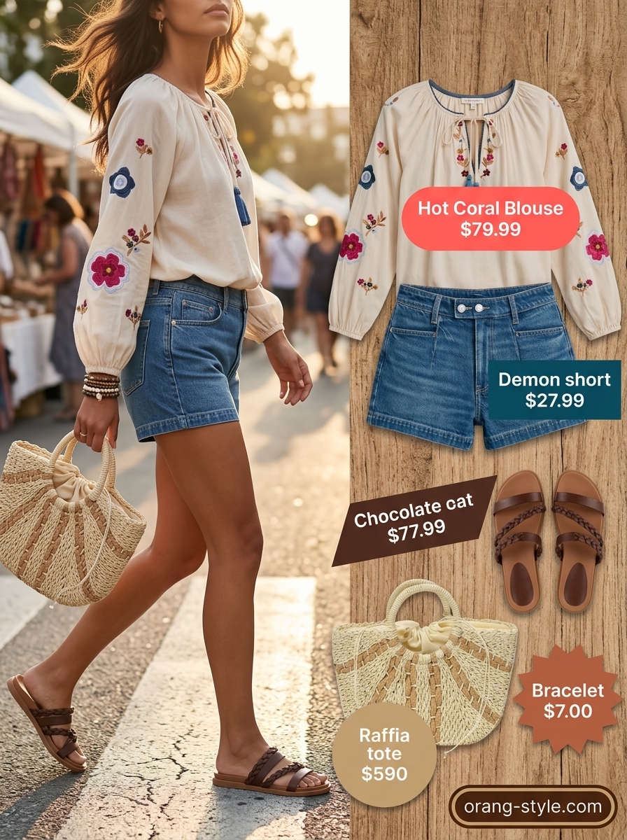 Boho Market Day Outfits for Women 2026 Boho market day outfit with mid-wash mom shorts, embroidered blouse, woven tote, and slide sandals for women 2026.