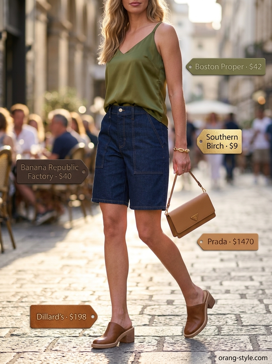 Chic City Safari Outfits for Women 2026 Chic city safari outfit with Bermuda denim shorts, utility blouse, mules, and top-handle bag for women 2026.