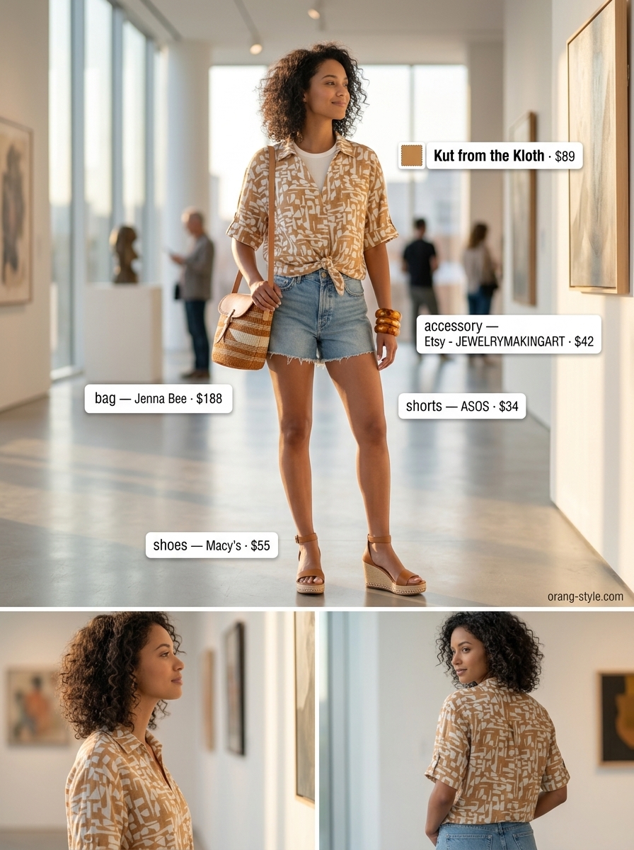 Artsy Denim Shorts Outfit 2026 Creative Canvas Explorer: Ecru denim shorts, abstract print shirt, resin bangles. Trendy summer denim shorts for women 2026.