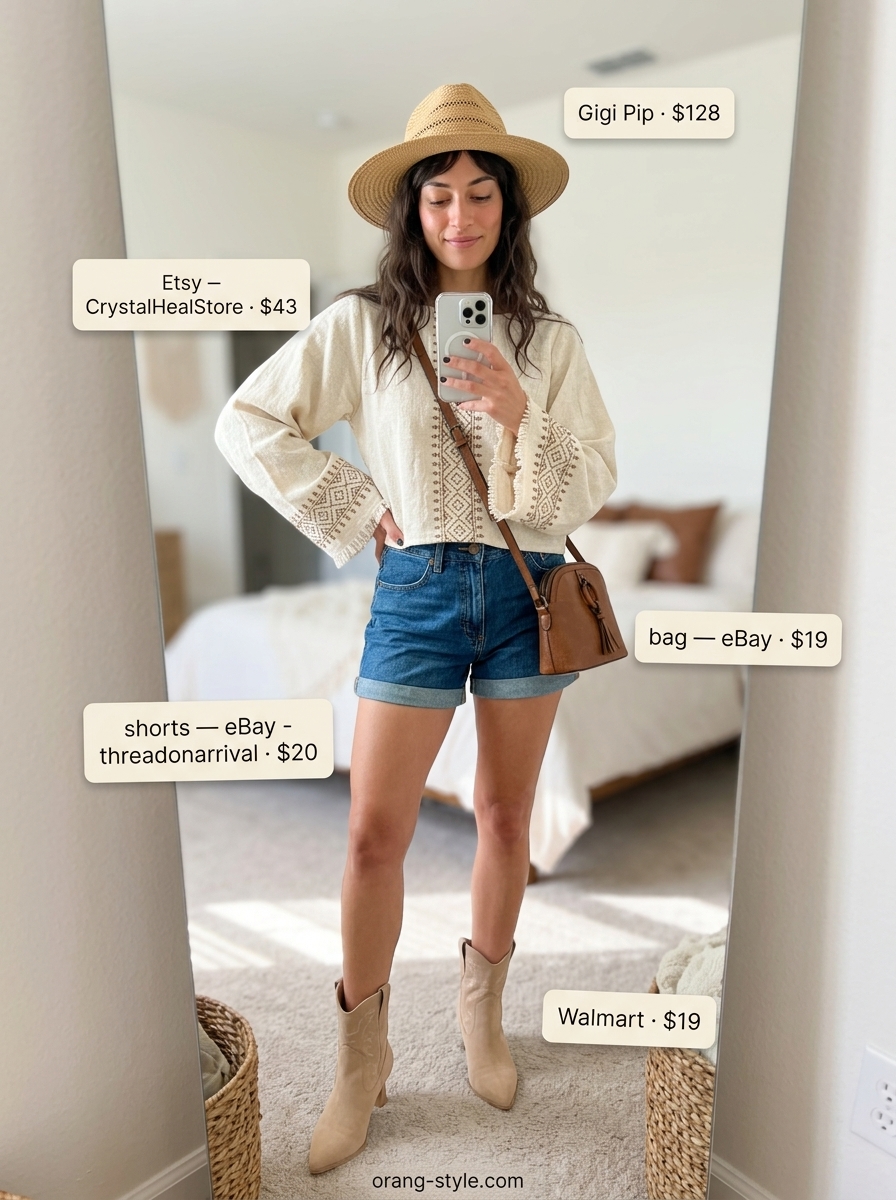 Festival Free Spirit Outfits for Women 2026 Festival free spirit outfit with cuffed denim shorts, peasant blouse, suede boots, and straw fedora for women 2026.