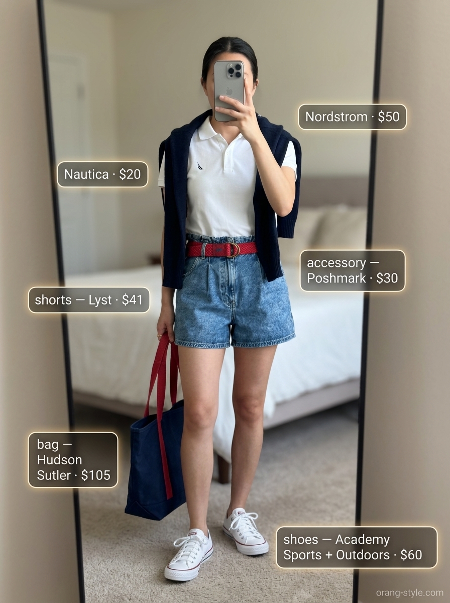Trendy Summer Denim Shorts for Women 2026: Playful Preppy Style Trendy summer denim shorts for women 2026: Acid wash paperbag shorts with polo, sweater, and canvas tote for a playful preppy look.