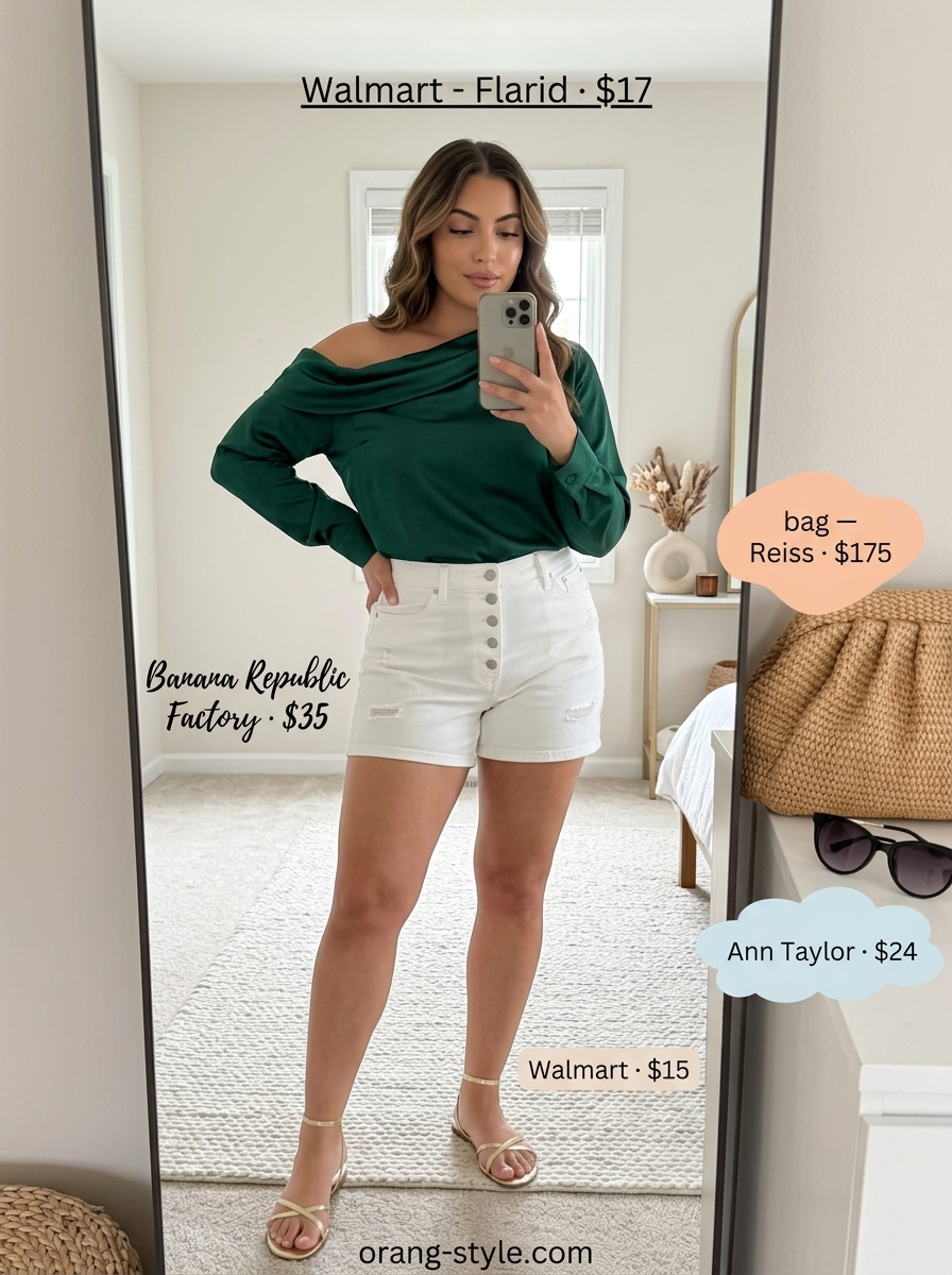 Trendy Summer Denim Shorts for Women 2026: Riviera Rendezvous Glam Trendy summer denim shorts for women 2026: White relaxed shorts with emerald green one-shoulder top, gold sandals, and raffia clutch.