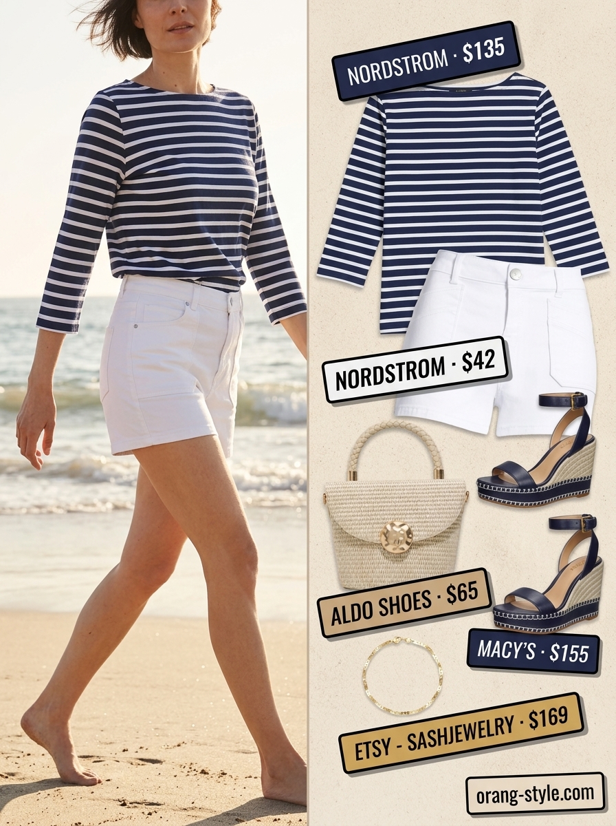 Trendy Summer Denim Shorts for Women 2026: Seaside Chic Lunch Trendy summer denim shorts for women 2026: White tailored shorts with Breton stripe knit top, straw bag, and espadrilles for seaside chic.