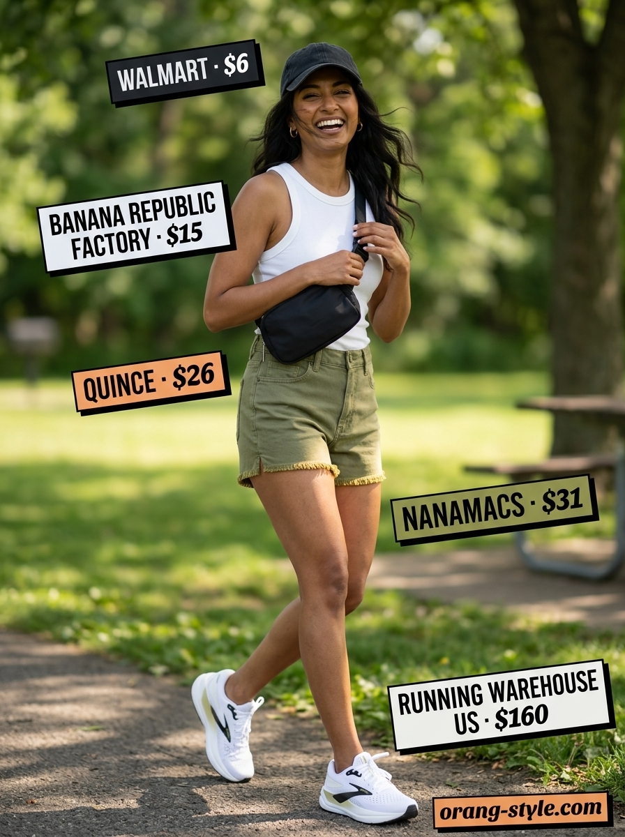 Sporty Park Day Outfits for Women 2026 Sporty park day outfit with olive green denim shorts, racerback tank, sneakers, and baseball cap for women 2026.