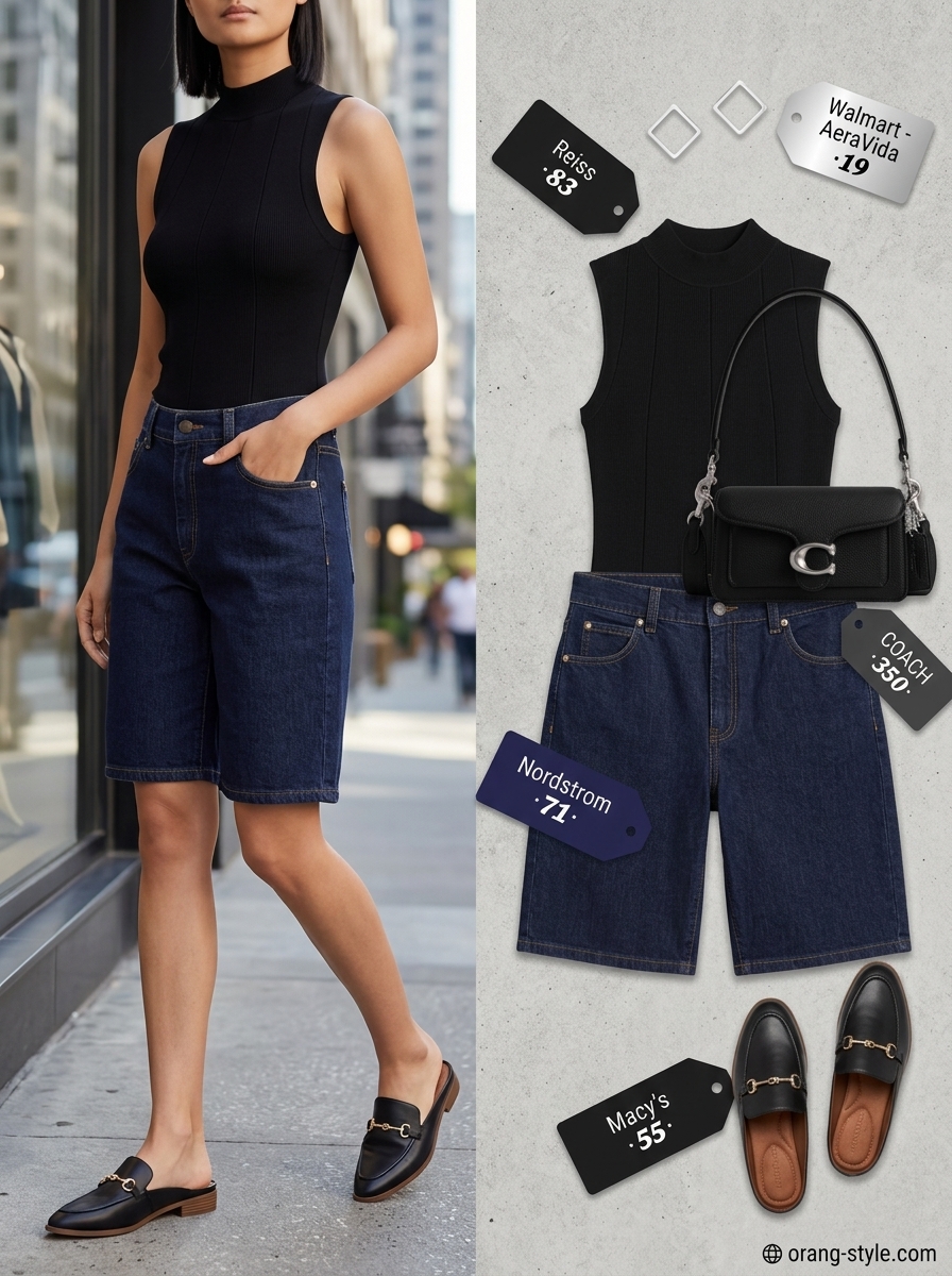 Trendy Summer Denim Shorts for Women 2026: Urban Explorer Outfit Trendy summer denim shorts for women 2026: Dark wash Bermuda shorts with black high-neck blouse, pointed flats, and structured bag.