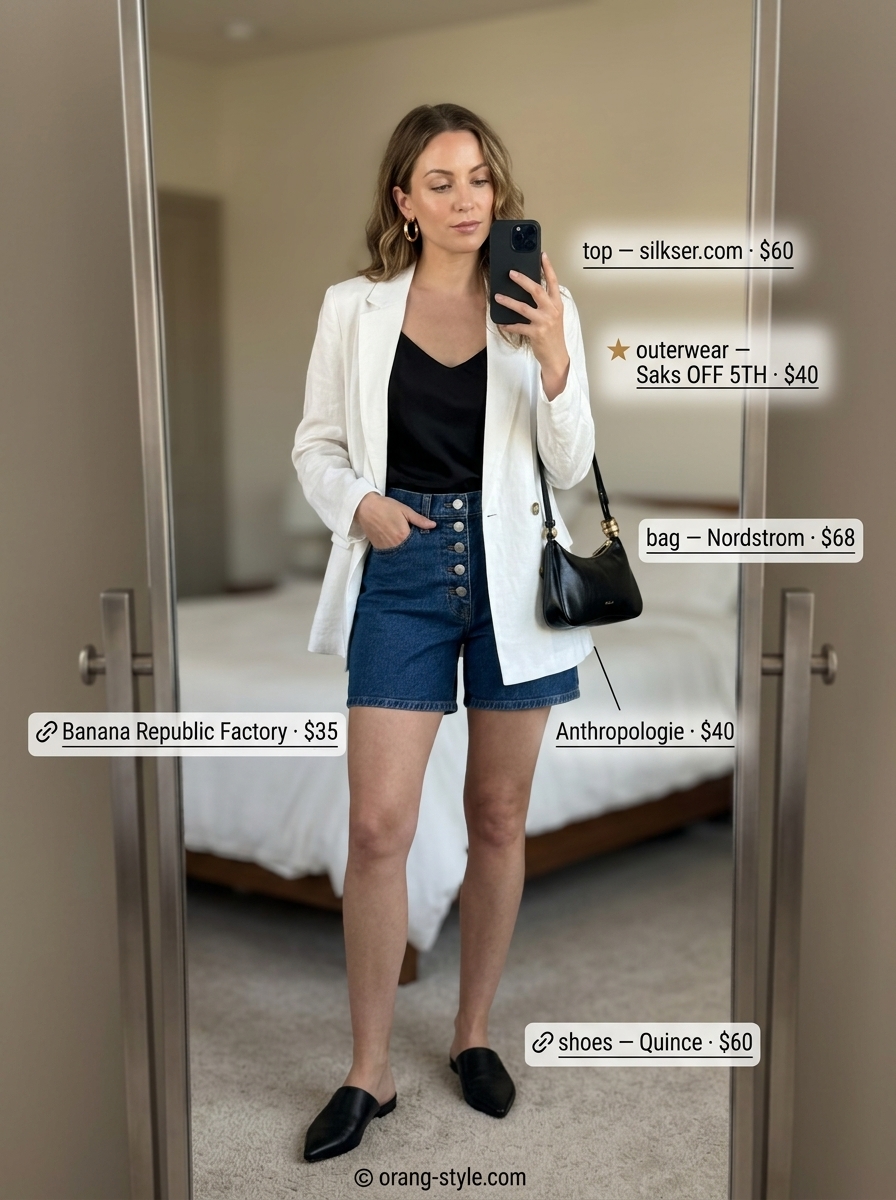 Chic City Denim Shorts 2026 Urban Summer Soirée: Dark indigo denim shorts, linen blazer, mules. Trendy summer denim shorts for women 2026.