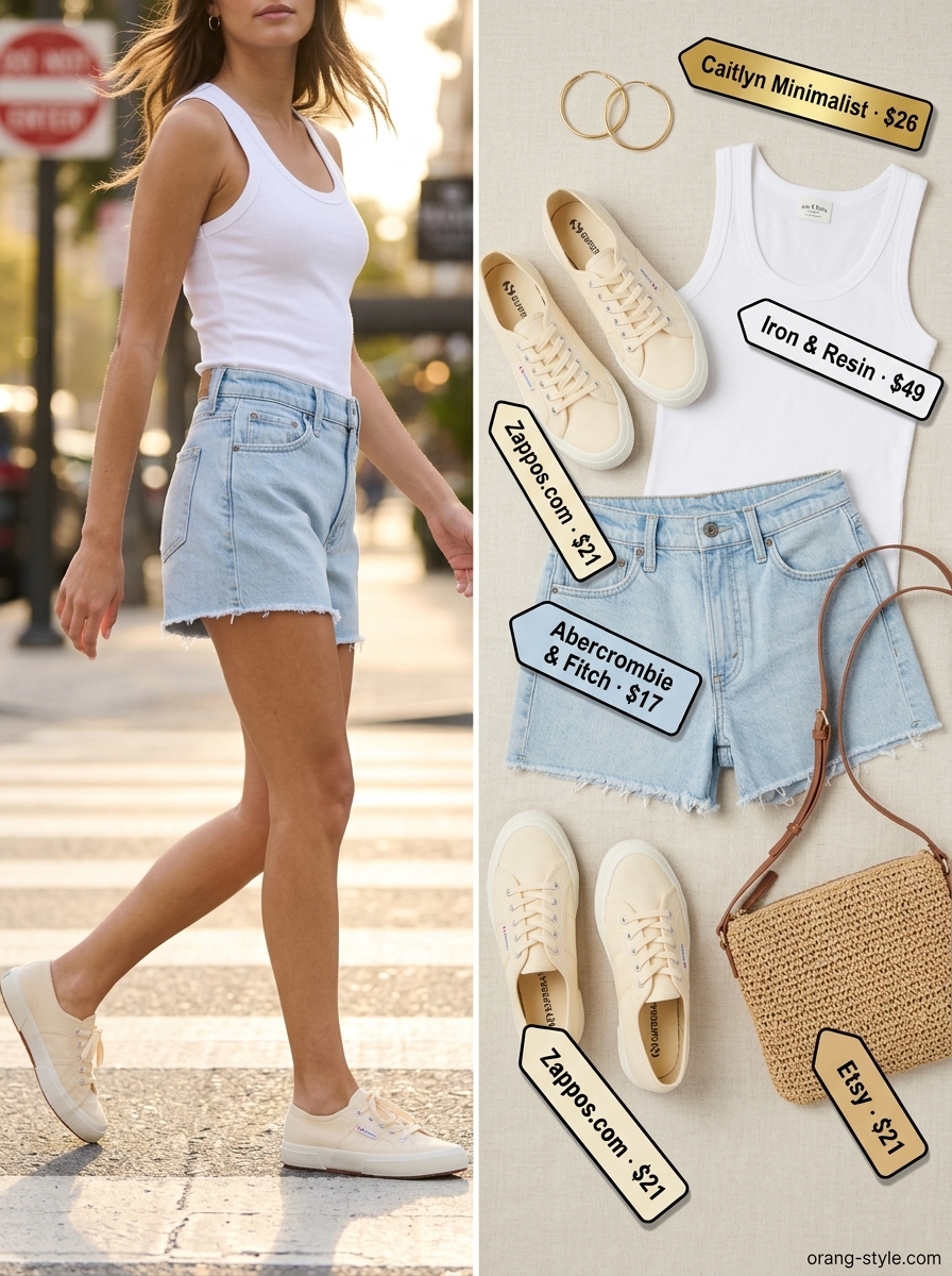 Trendy Summer Denim Shorts for Women 2026: Weekend Brunch Style Trendy summer denim shorts for women 2026: Light blue distressed cut-offs with white graphic tee, beige crossbody, and gold hoops.