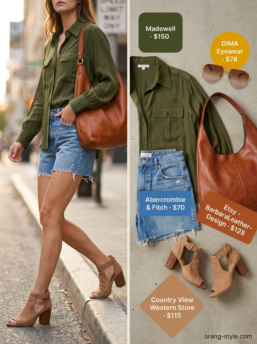 Effortless Denim Shorts 2026 Sophisticated Weekend: Medium blue denim shorts, olive silk shirt, cognac bag. Trendy summer denim shorts for women 2026.