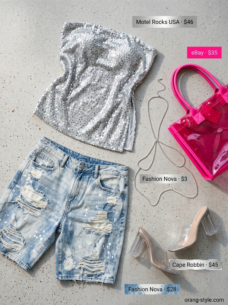 Y2K Pool Party Glam: Bleached blue distressed denim shorts, silver bandeau top. Trendy summer denim shorts for women 2026.