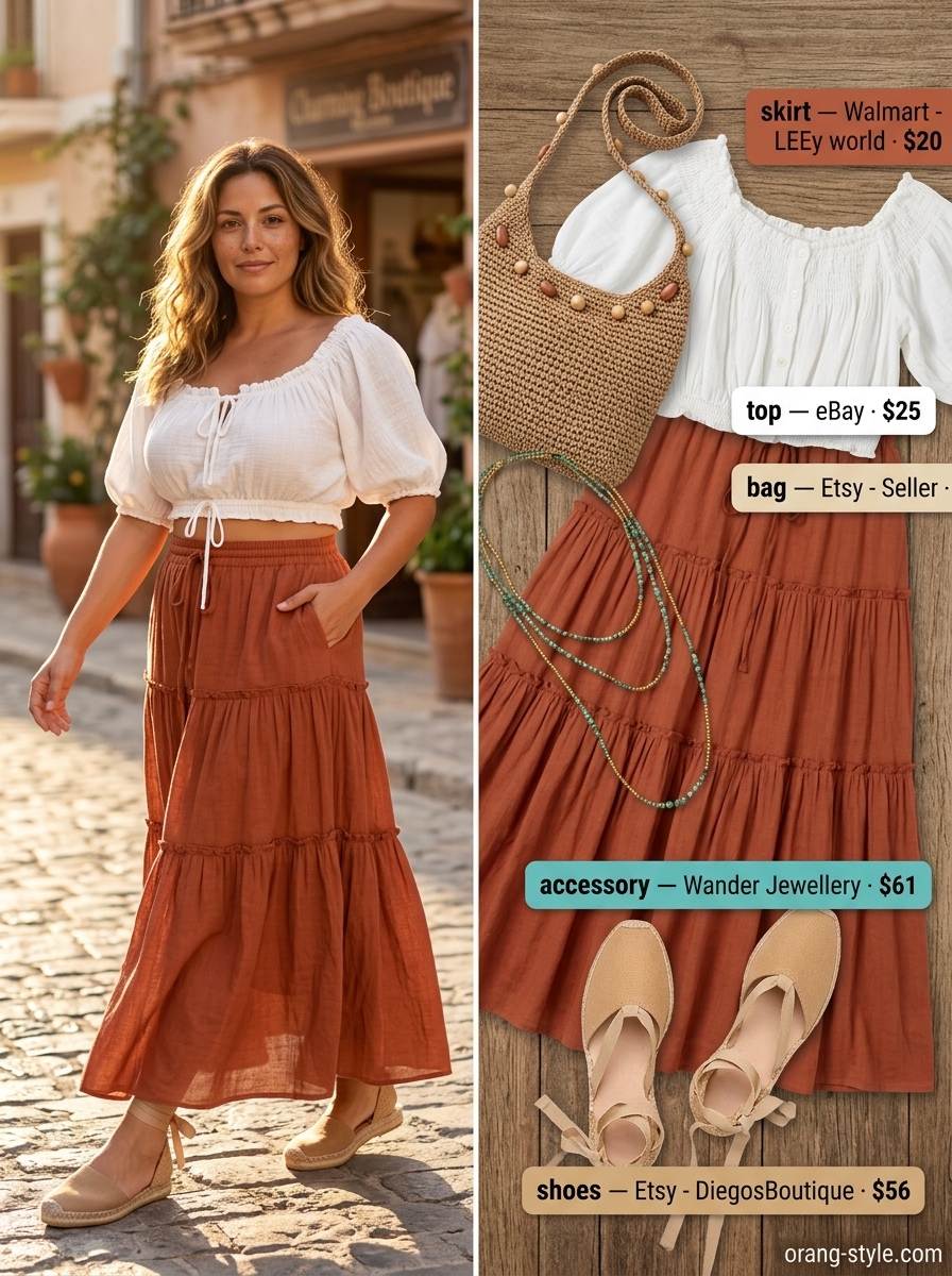 Bohemian Rhapsody outfit: Terracotta tiered maxi skirt, cream off-shoulder top, jute espadrilles for summer going out.