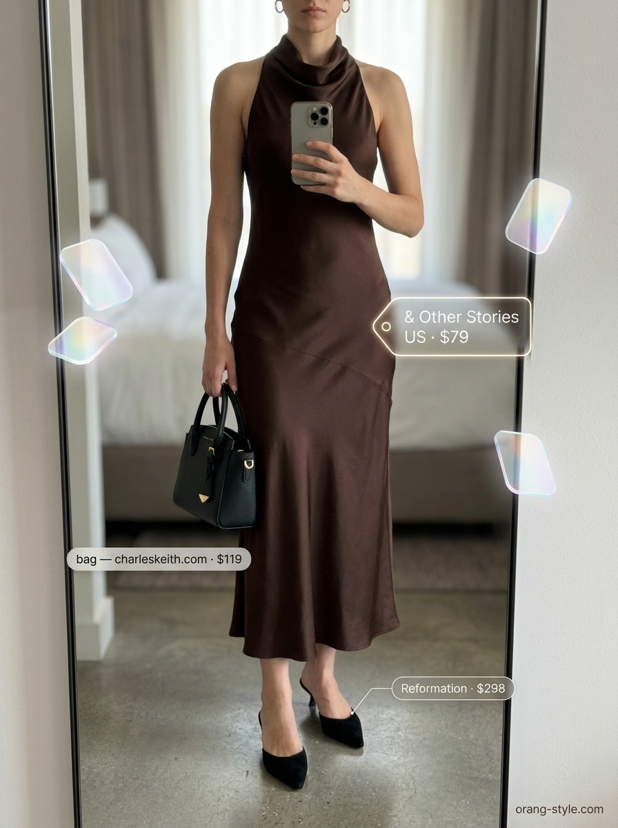 Chocolate brown satin slip midi dress with black mules for trendy summer going out outfits for women 2026.