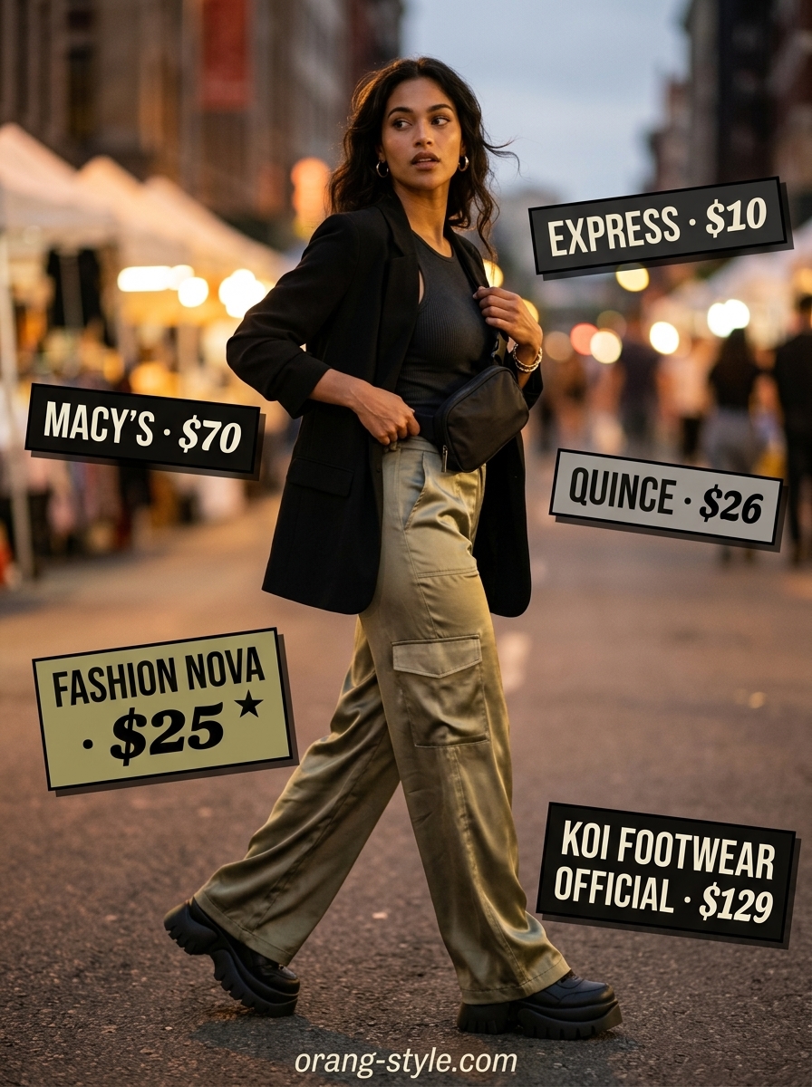 Olive green satin cargo pants for trendy summer going out outfits for women 2026. Urban concert outfit.