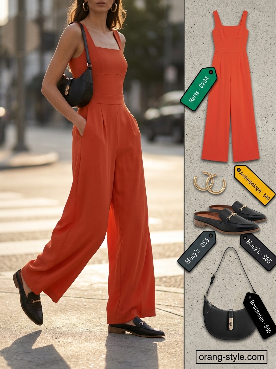 Desert Bloom Jumpsuit: Terracotta wide-leg jumpsuit with black mules and oversized gold hoops for evening drinks.