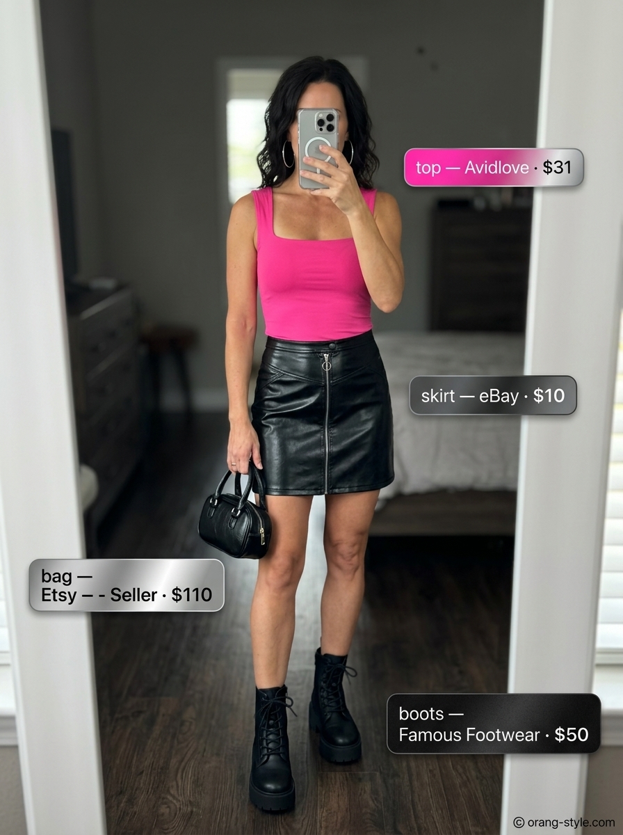 Electric Pink Pop: Hot pink crop top with black faux leather mini skirt and combat boots for nights out.