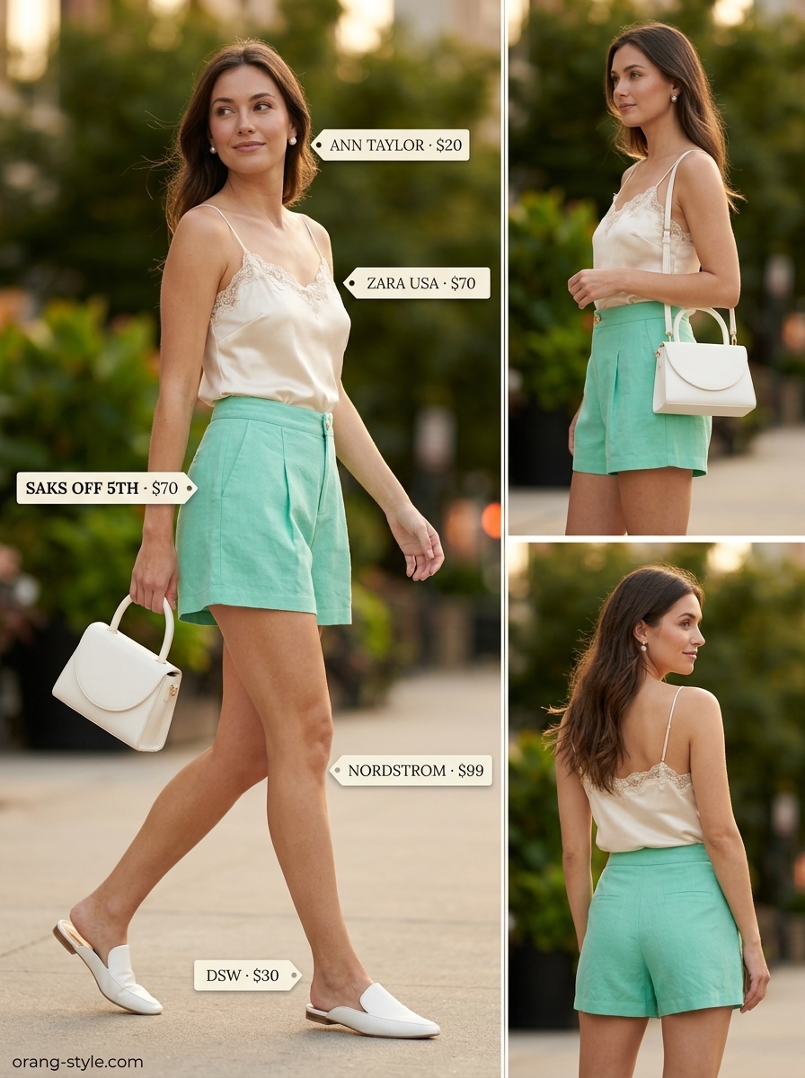 Garden Party outfit: Mint green linen shorts with cream camisole and white block heels for summer brunch.