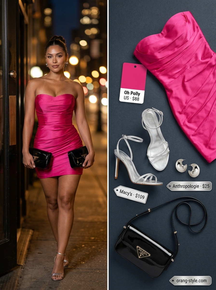 Hot pink bodycon mini dress with ruched sides, silver hoops & strappy heels for trendy summer going out outfits for women 2026.