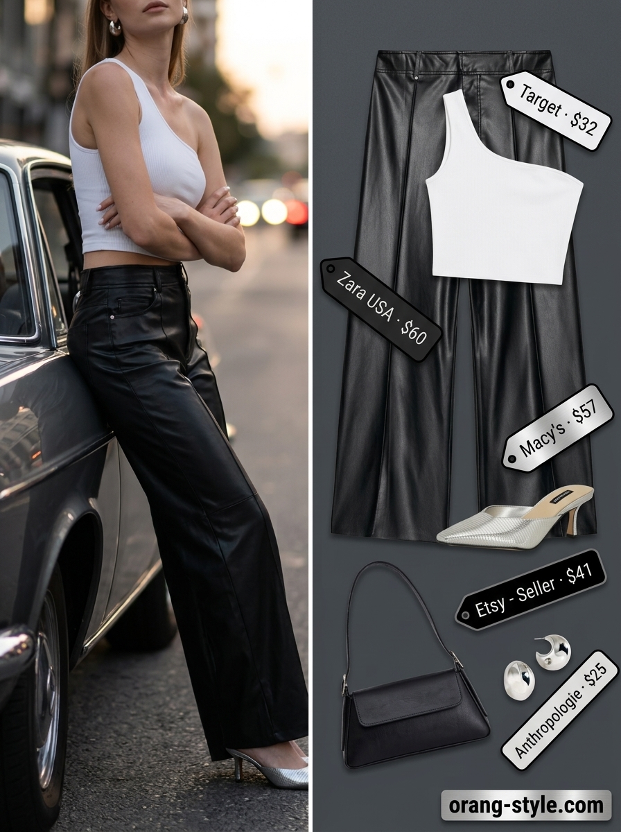 Edgy black faux leather wide-leg trousers for trendy summer going out outfits for women 2026. City night out look.