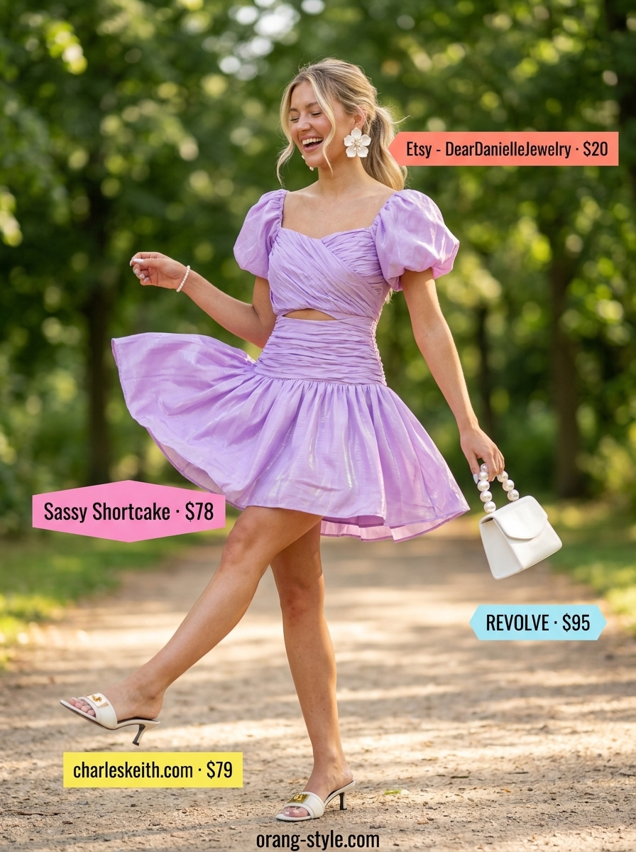 Lilac babydoll mini dress with puff sleeves for trendy summer going out outfits for women 2026. Garden party outfit.