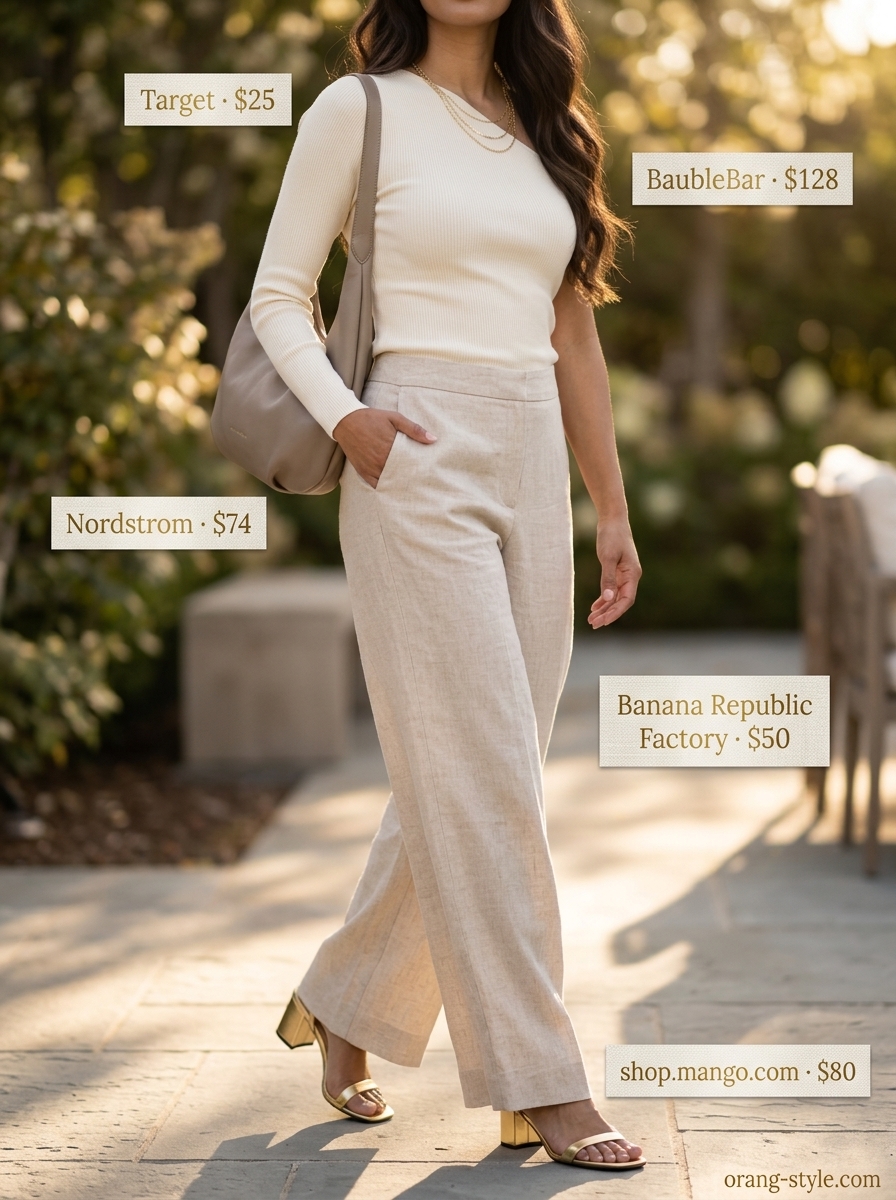 Beige linen blend wide-leg trousers for trendy summer going out outfits for women 2026. Outdoor dinner look.