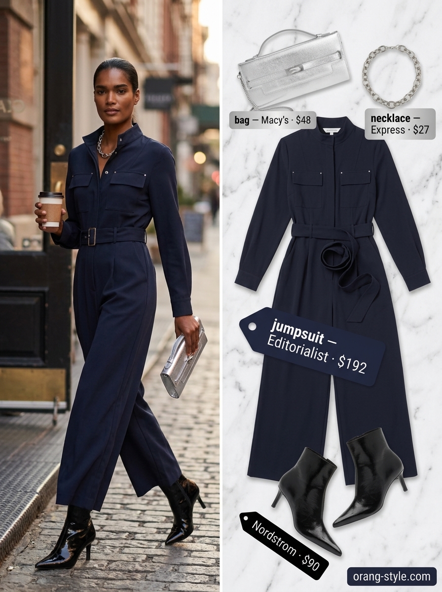 Midnight Urban Explorer jumpsuit: Navy utility jumpsuit with black ankle boots and silver accessories for city nights.