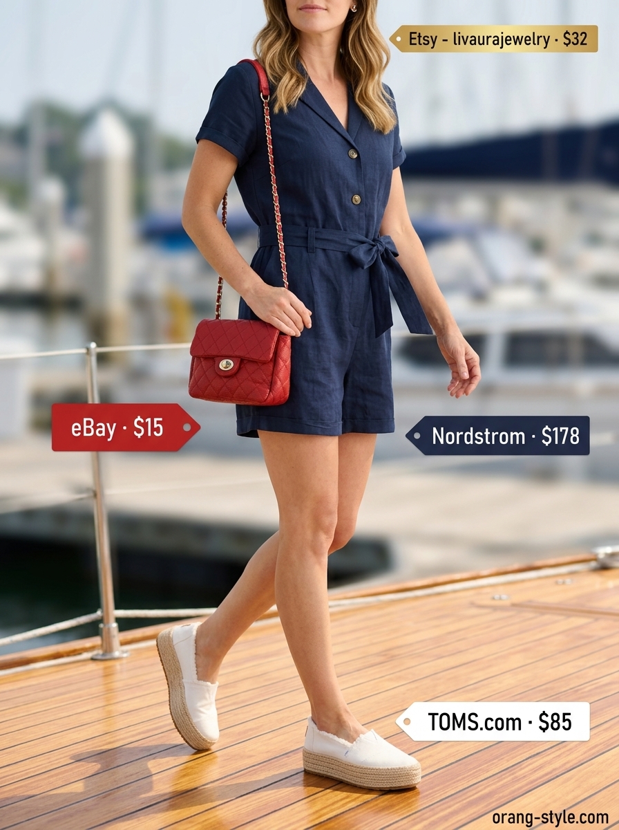 Navy blue linen romper for trendy summer going out outfits for women 2026. Day party outfit.