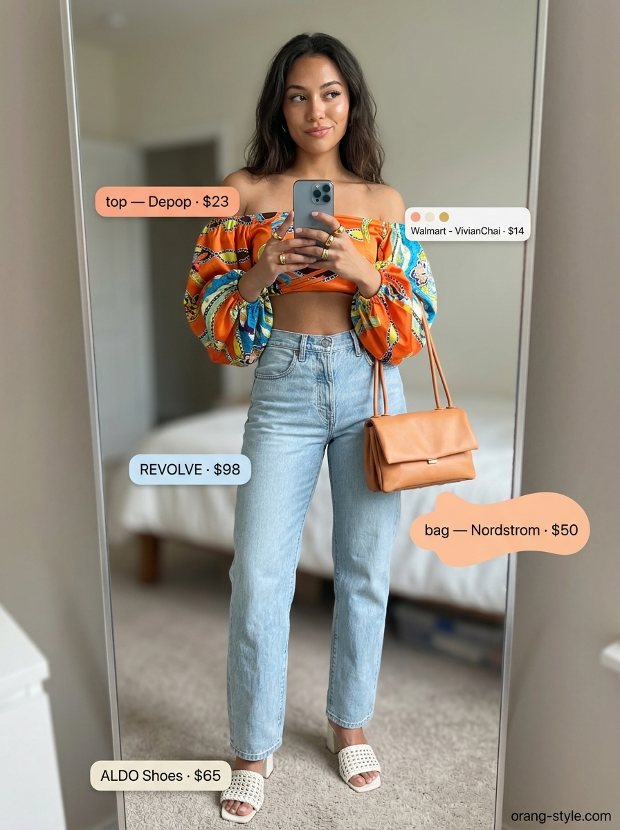 Sunset Artwalk outfit: Cobalt blue one-shoulder top with light wash jeans and orange crossbody bag.