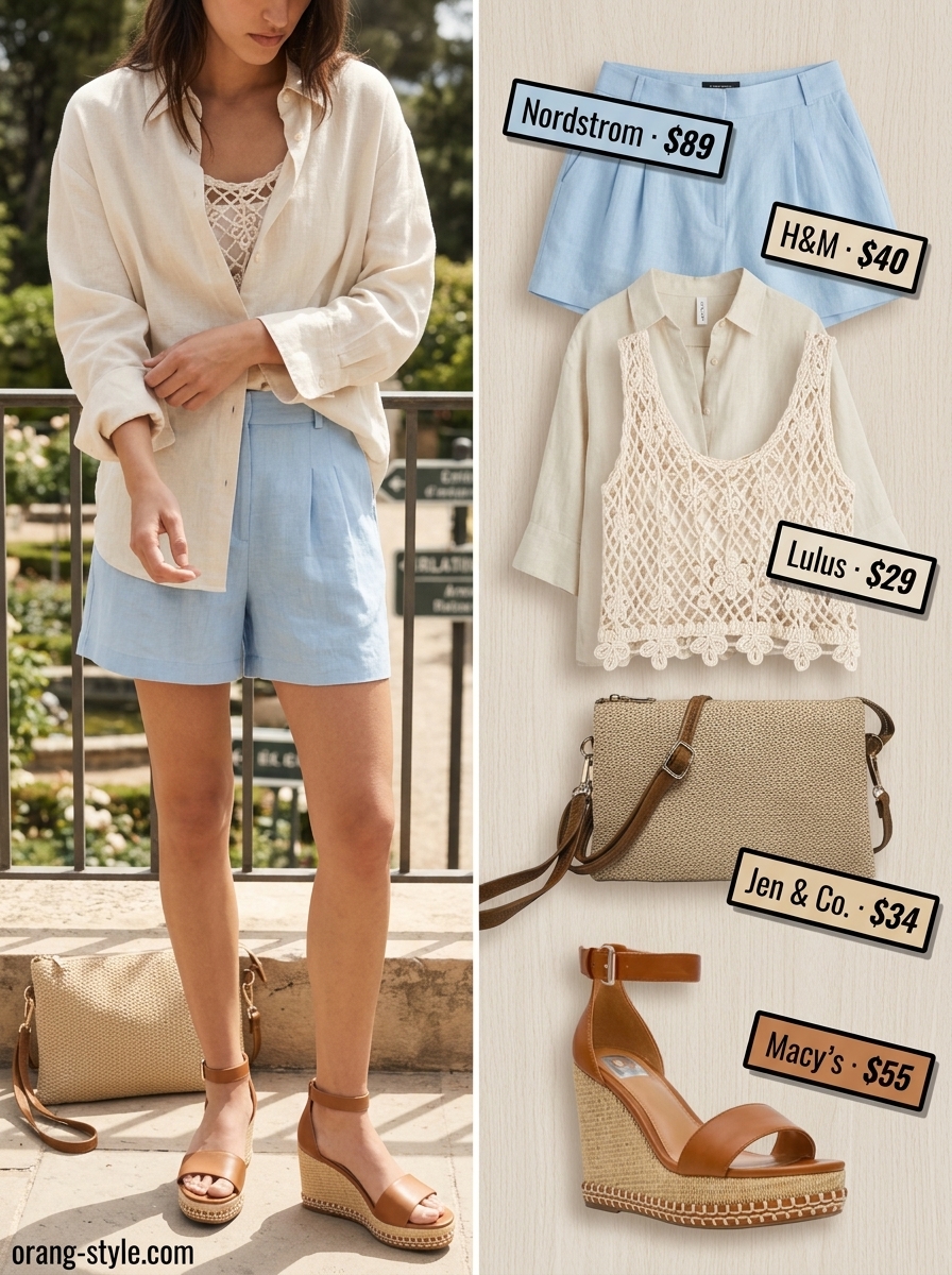 Pale blue linen shorts for trendy summer going out outfits for women 2026. Upscale brunch outfit.