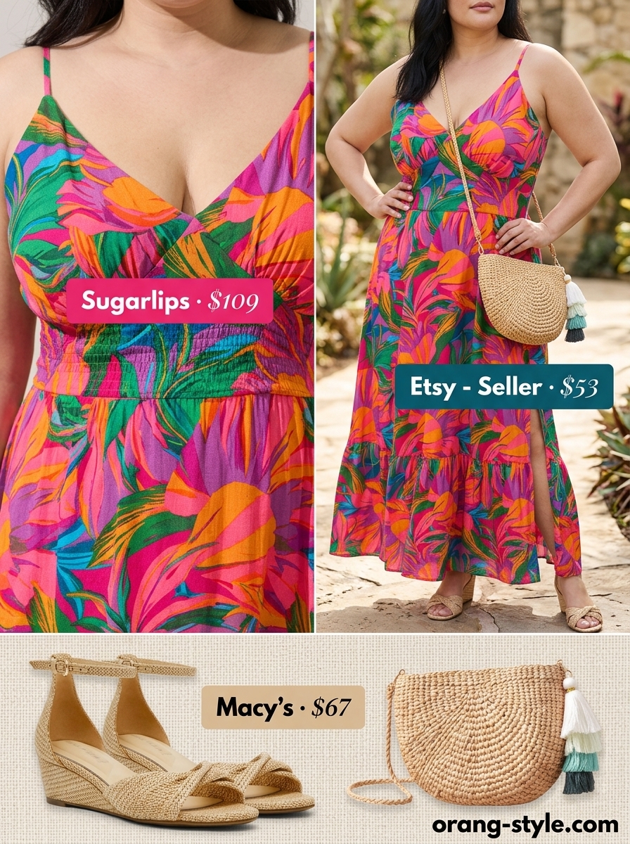 Tropical print maxi dress with espadrille wedges for trendy summer going out outfits for women 2026.