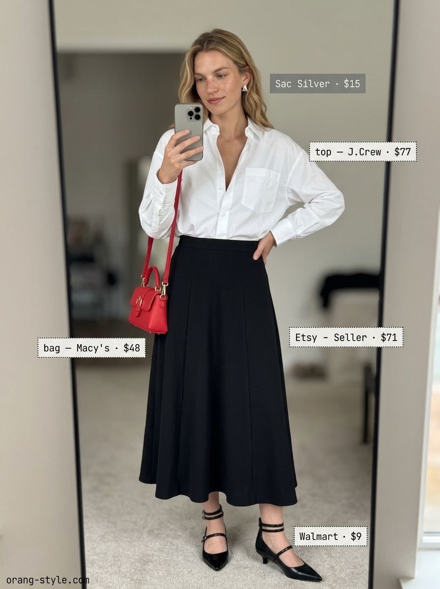 Urban Sleek Soirée: Black midi skirt, white oversized shirt, and red top-handle bag for upscale lounges.