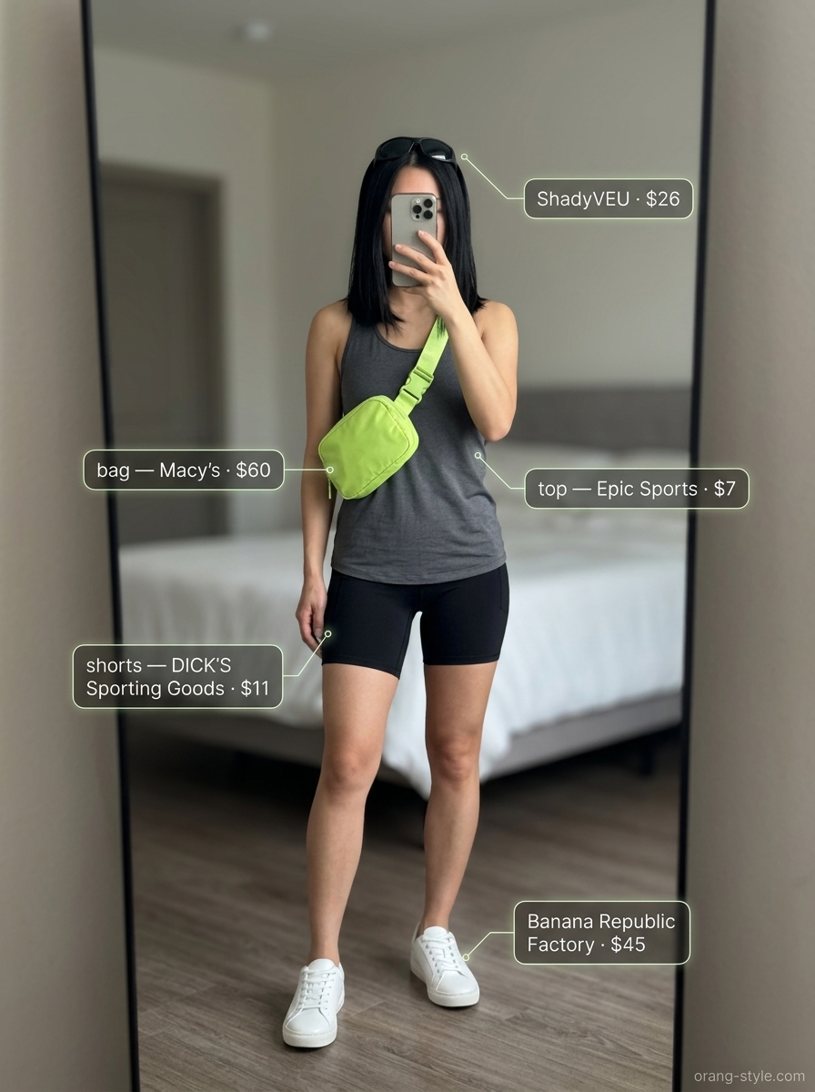 Athletic park outfit with charcoal racerback tank and lime belt bag. Trendy summer sleeveless tops 2026.