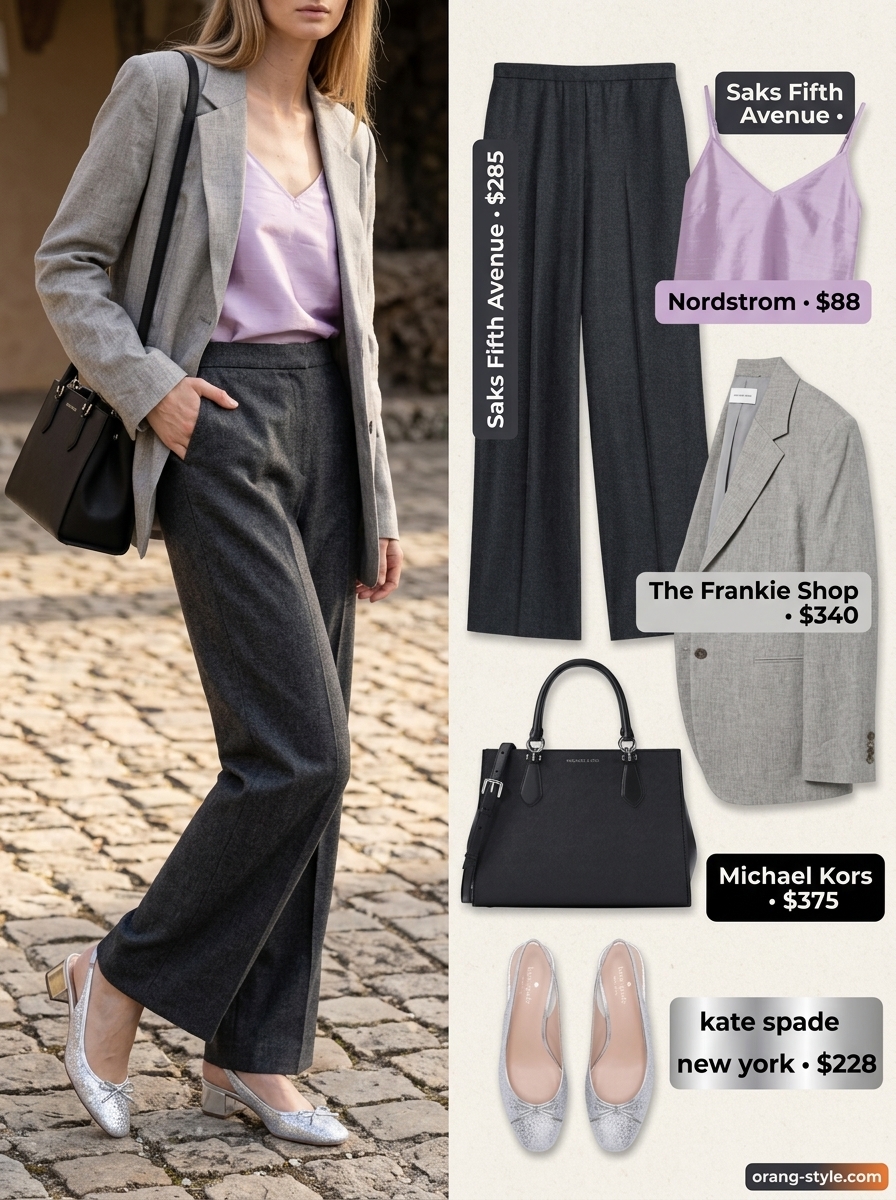 Chic office outfit with dusty lavender silk camisole and charcoal trousers. Trendy summer sleeveless tops 2026.