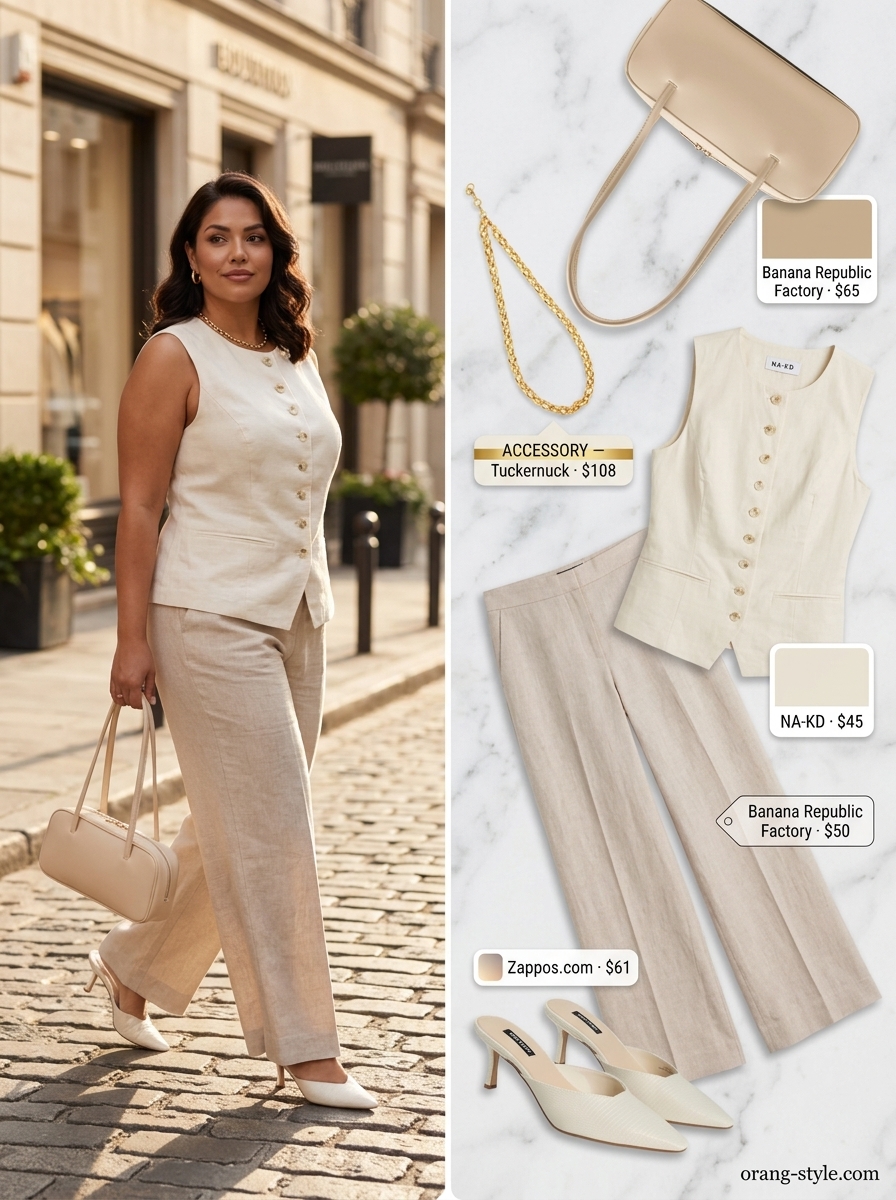 Polished summer office outfit with beige linen vest as a top. Trendy summer sleeveless tops 2026.