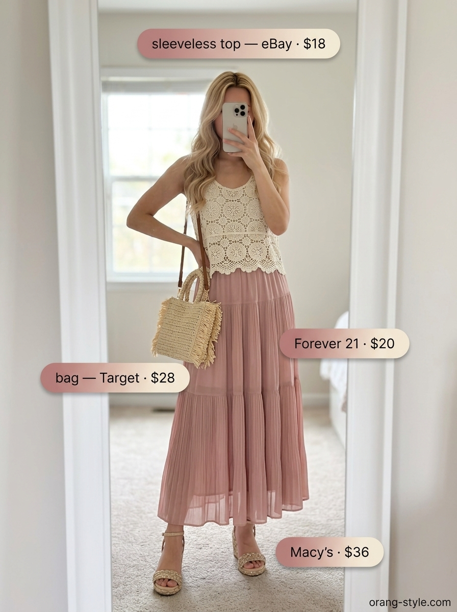 Bohemian summer outfit with peach maxi skirt and crochet sleeveless top. Trendy summer sleeveless tops 2026.