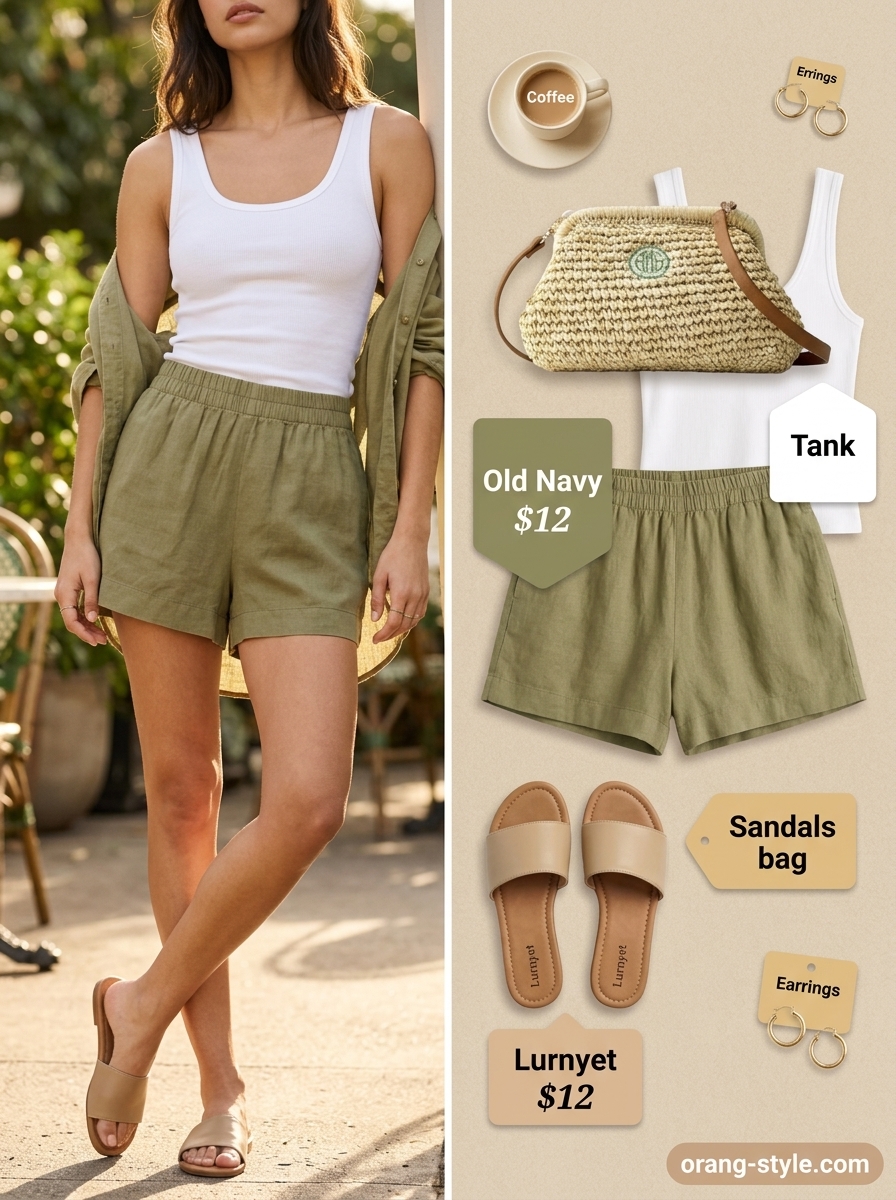 Relaxed cream ribbed tank top with olive green linen shorts for brunch. Trendy summer sleeveless tops 2026.
