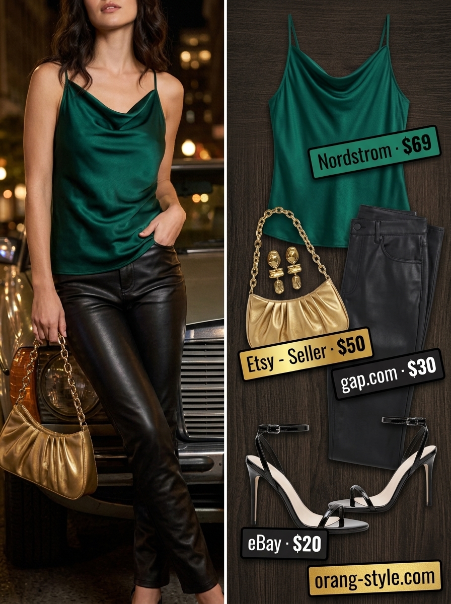 Romantic emerald green satin camisole with faux leather pants for date night. Trendy summer sleeveless tops 2026.