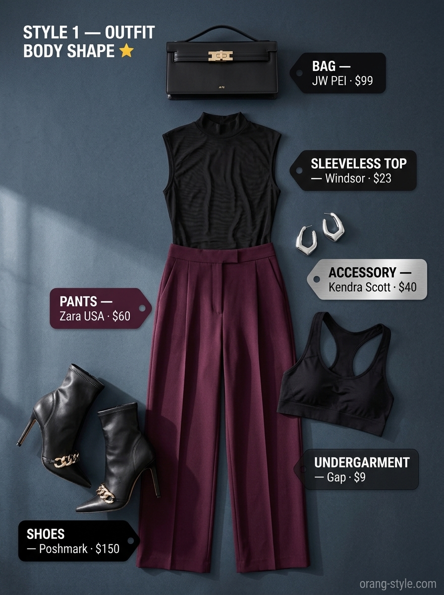 Trendy summer sleeveless tops 2026: Sheer black mesh sleeveless top with plum wide-leg trousers for evening.