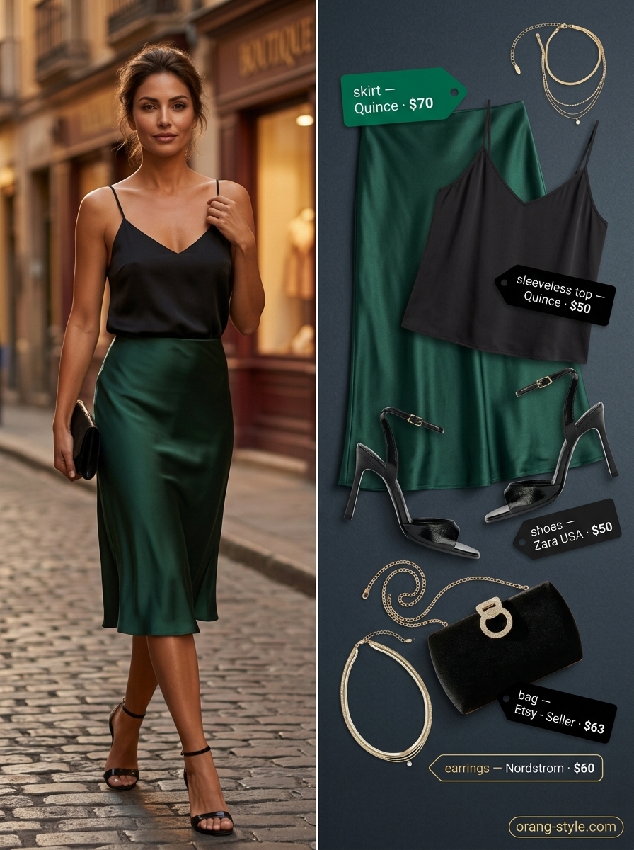 Elegant black slip skirt with emerald green camisole for date night. Trendy summer sleeveless tops 2026.