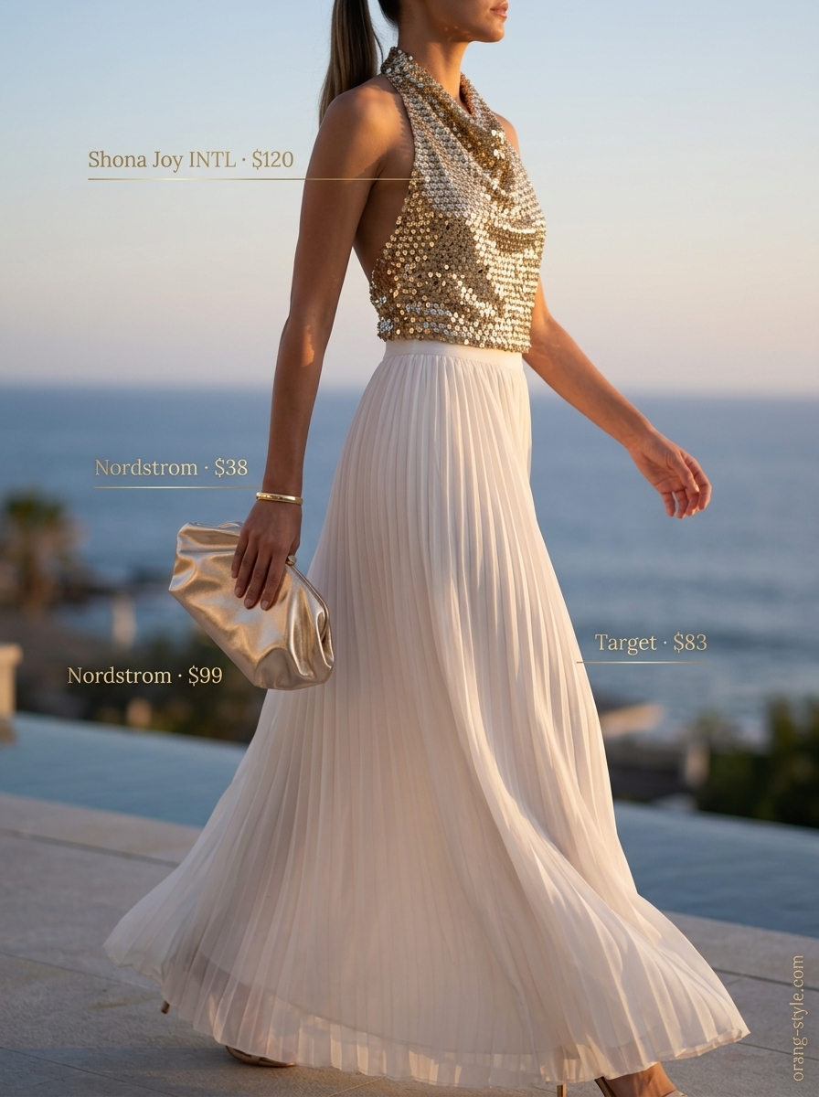 Glamorous metallic gold halter top with ivory maxi skirt for evening soiree. Trendy summer sleeveless tops 2026.