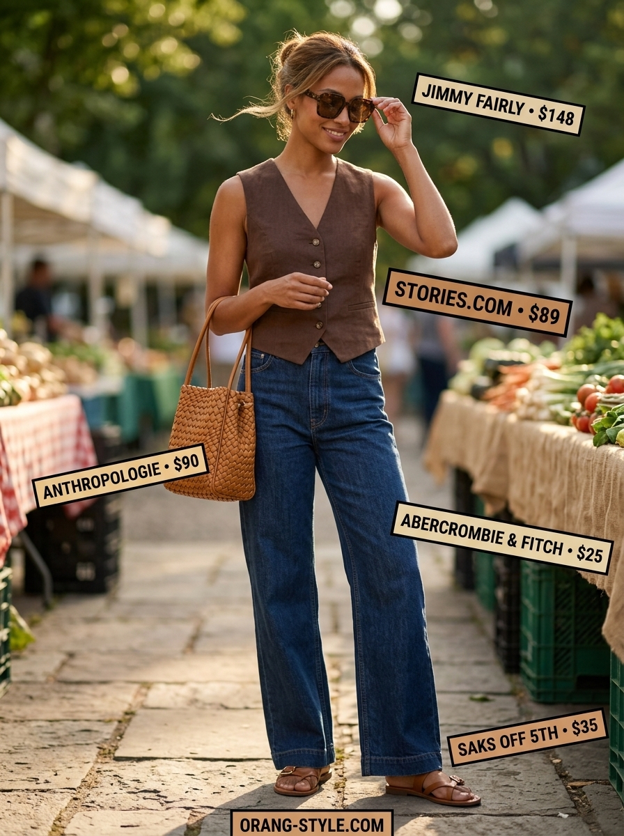Trendy summer sleeveless tops 2026: Linen vest worn as a top with white linen trousers for farmers market chic.