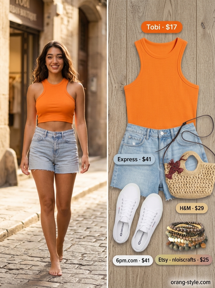 Vibrant orange halter crop top with denim shorts for festival fun. Trendy summer sleeveless tops 2026.