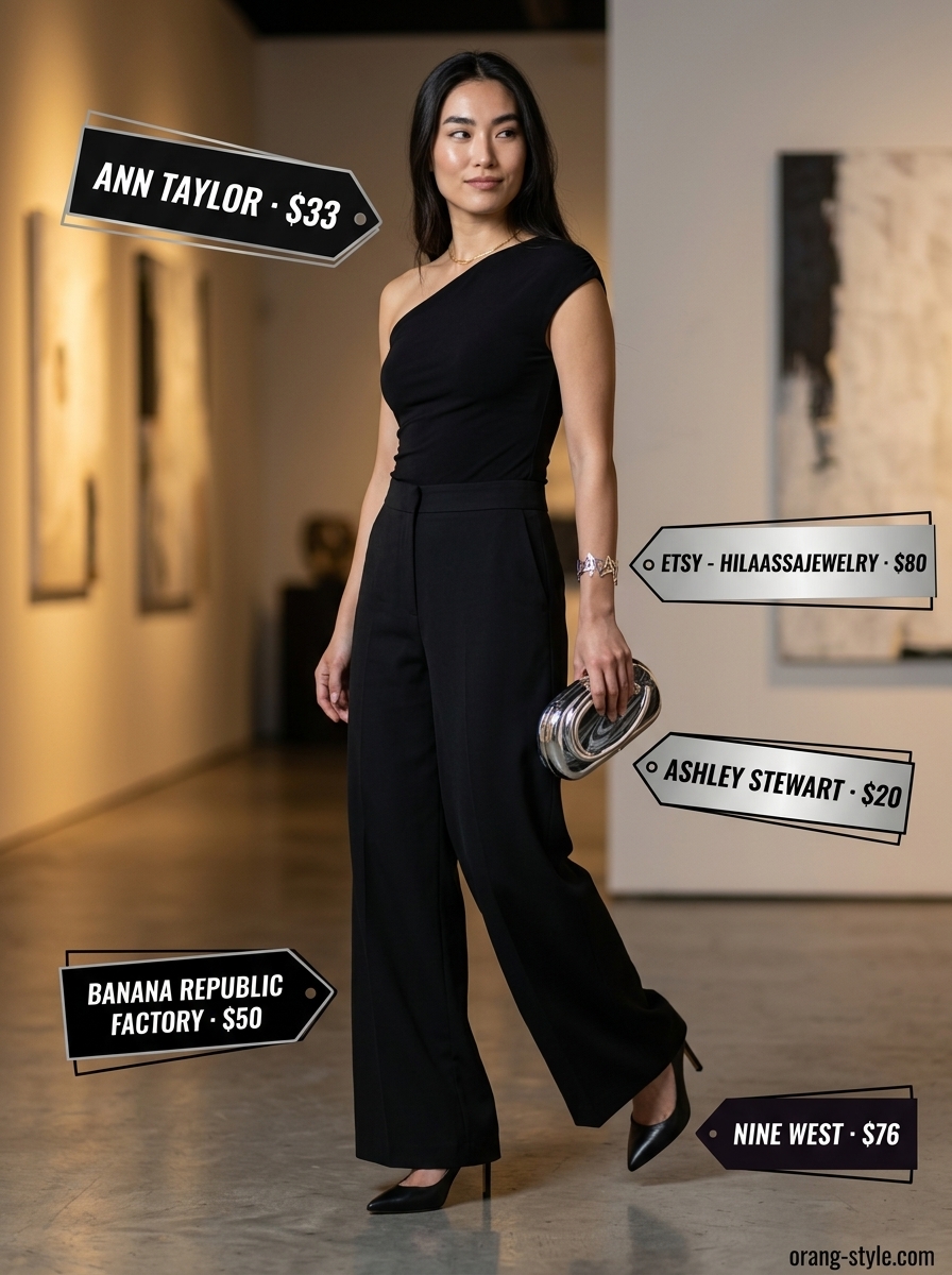 Trendy summer sleeveless tops 2026: Black asymmetrical one-shoulder top with wide-leg trousers for gallery opening.