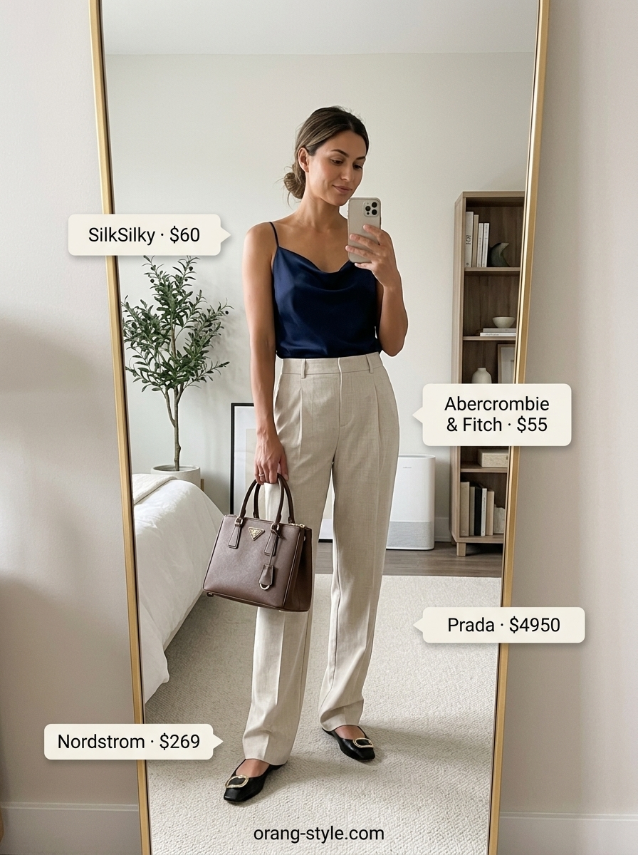 Elegant navy silk camisole with sand trousers for gallery openings. Trendy summer sleeveless tops 2026.