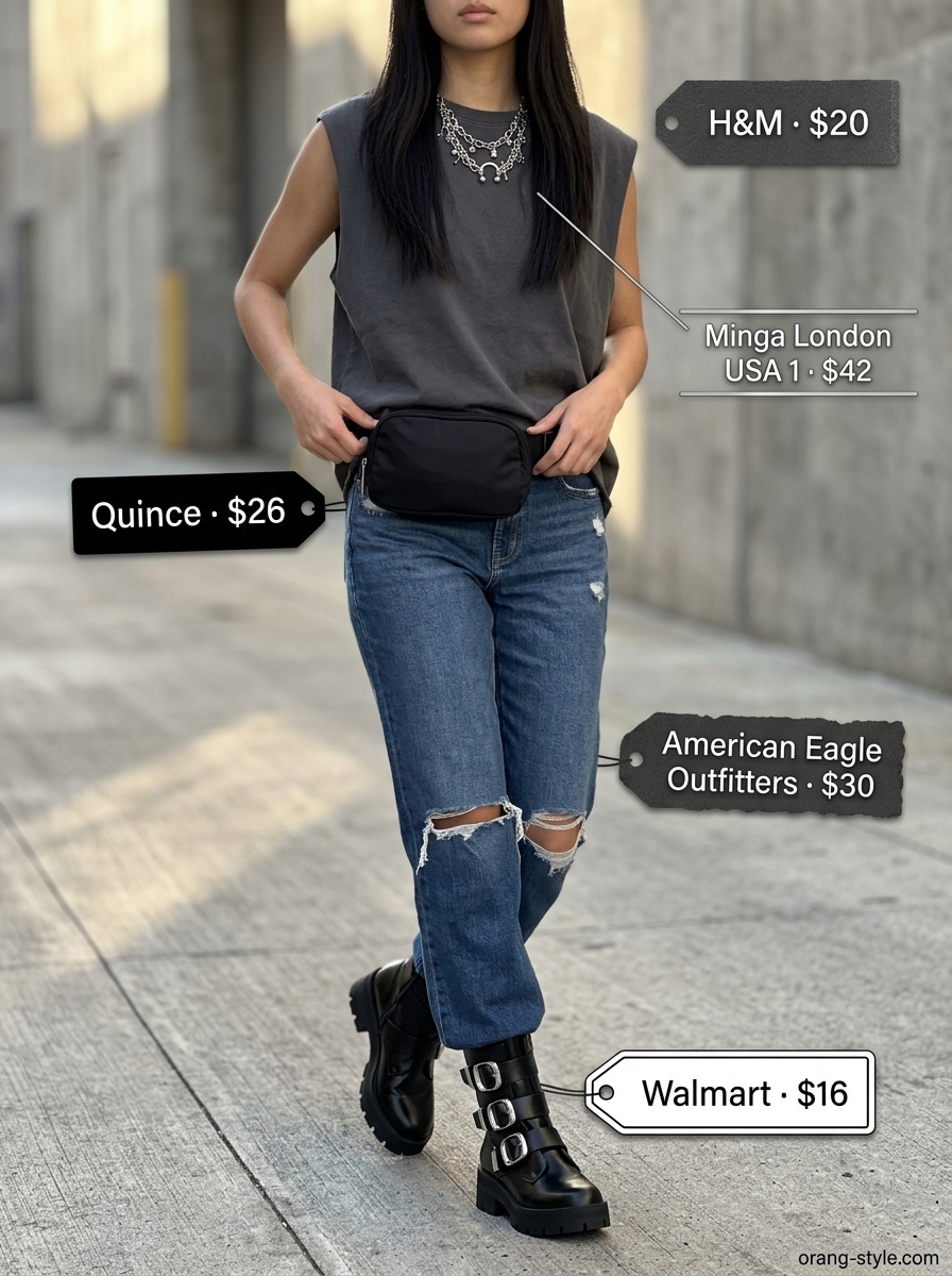 Trendy summer sleeveless tops 2026: Oversized charcoal muscle tank with distressed denim jeans and combat boots.