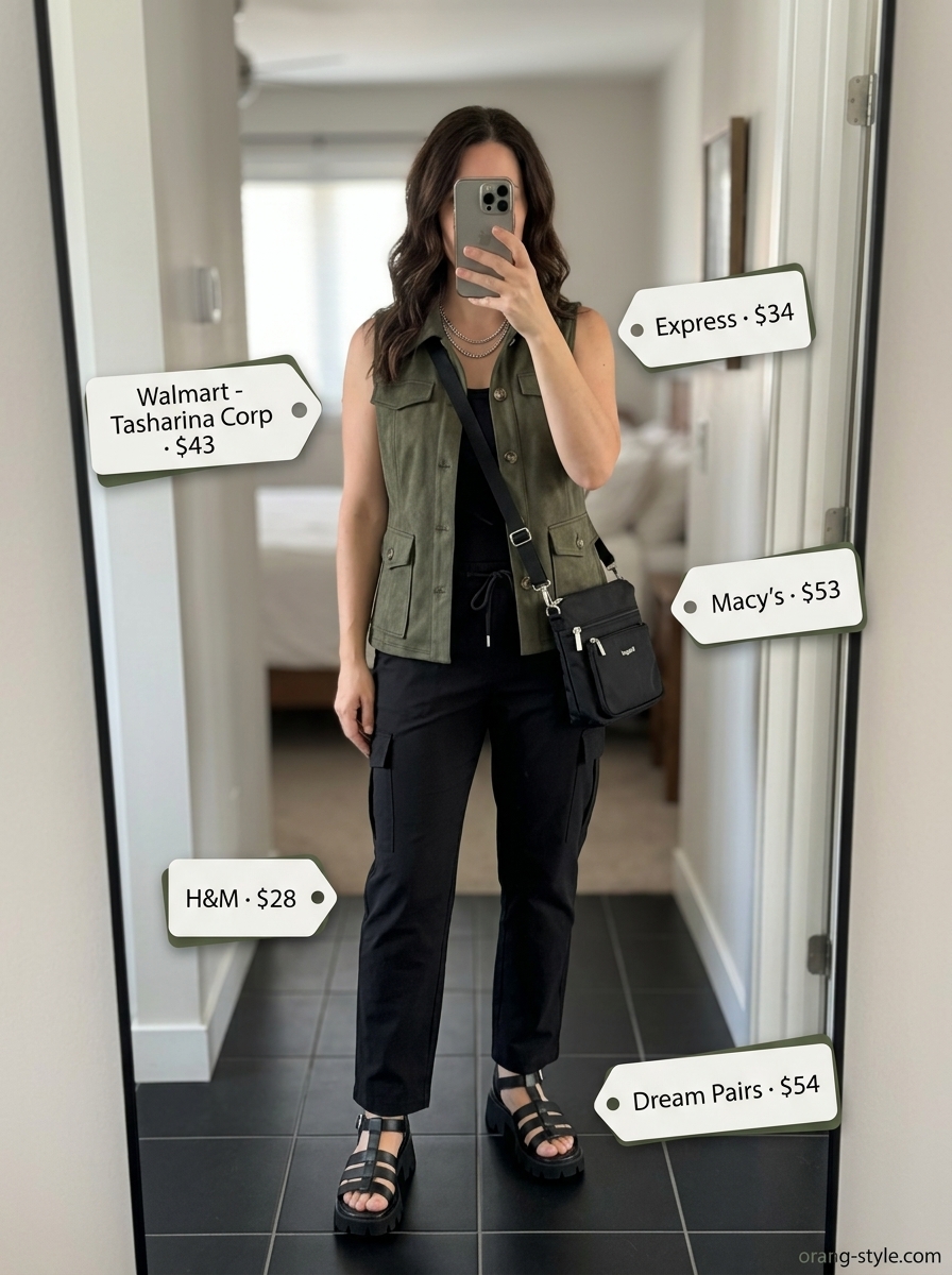 Trendy summer sleeveless tops 2026: Olive green utility vest worn as a top with black cargo pants and chunky sandals.